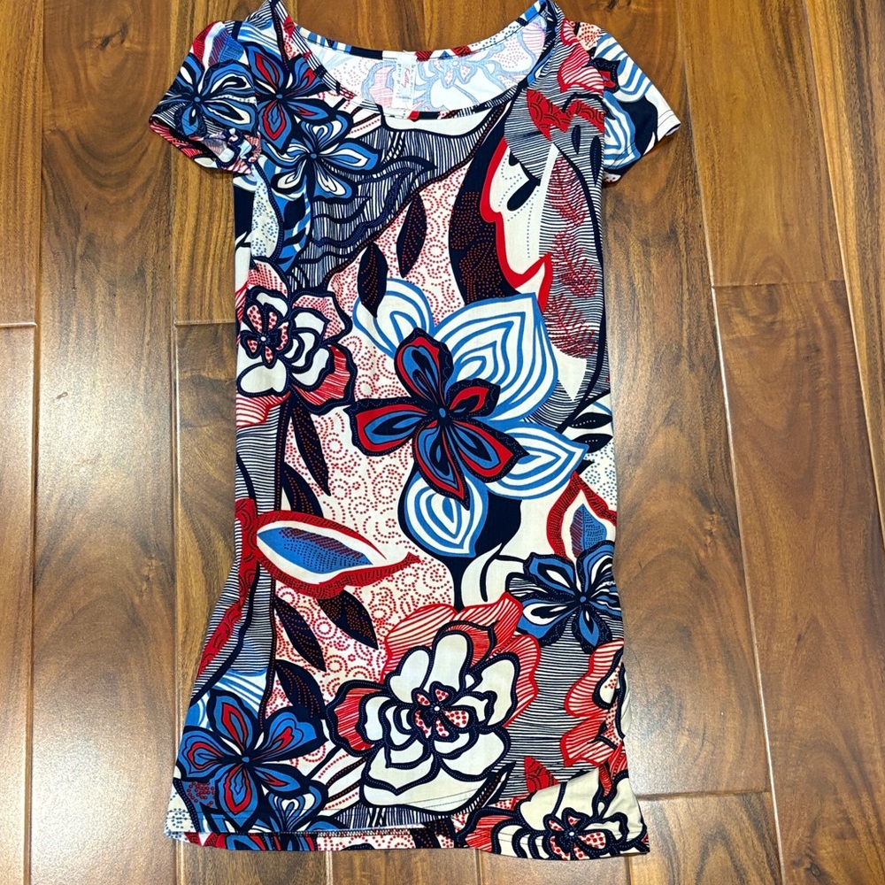 Multicolor Floral Scoop Neck Dress with Navy Trim
